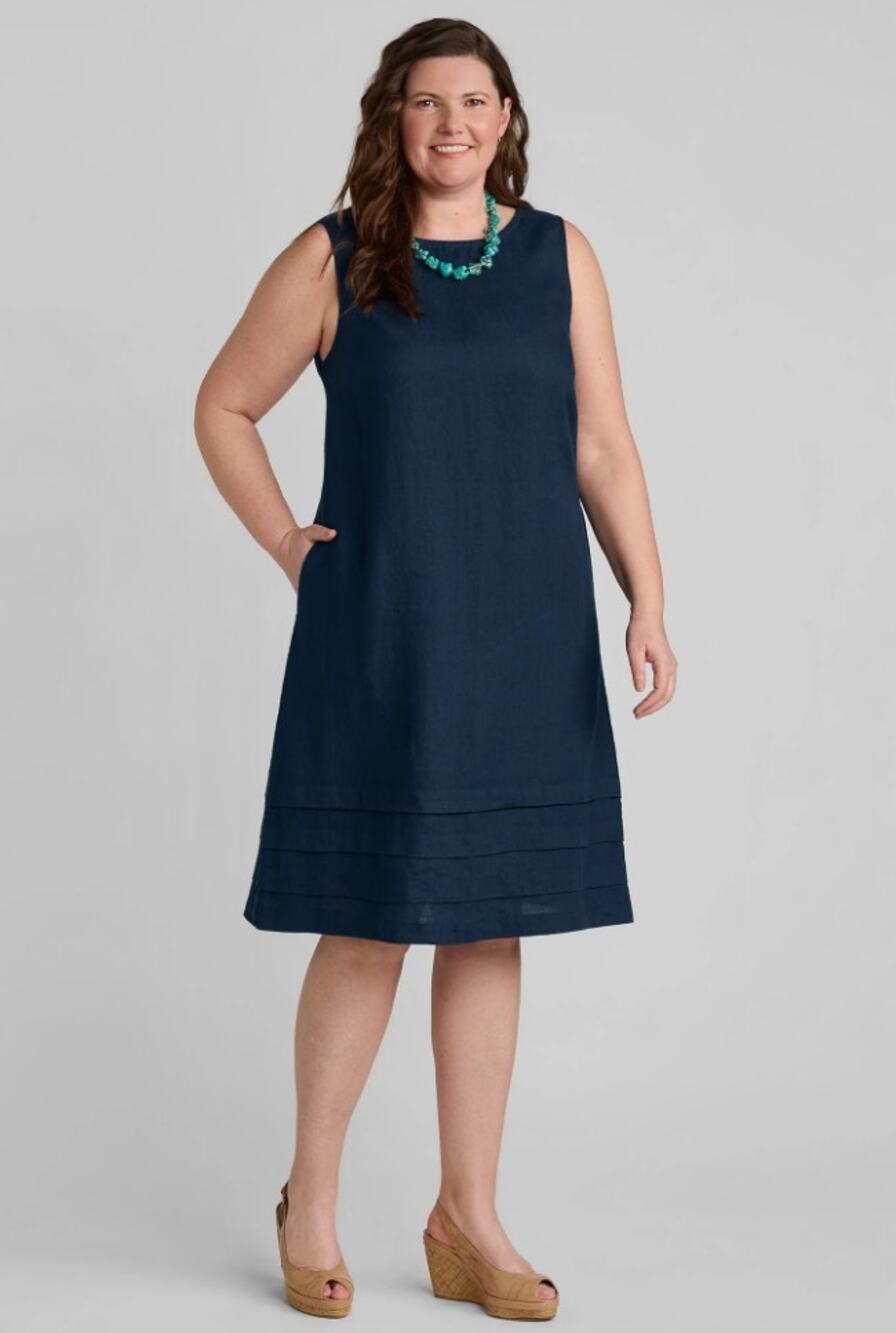 FLAX | black 100% linen sleeveless Tuck side pocket natural shift midi dress